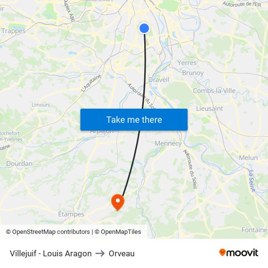 Villejuif - Louis Aragon to Orveau map