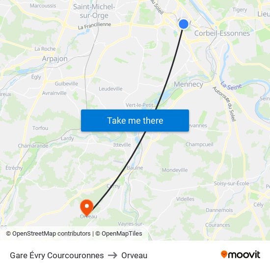 Gare Évry Courcouronnes to Orveau map