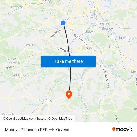 Massy - Palaiseau RER to Orveau map