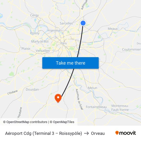 Aéroport Cdg (Terminal 3 – Roissypôle) to Orveau map