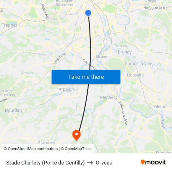 Stade Charléty (Porte de Gentilly) to Orveau map