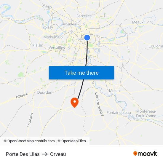 Porte Des Lilas to Orveau map