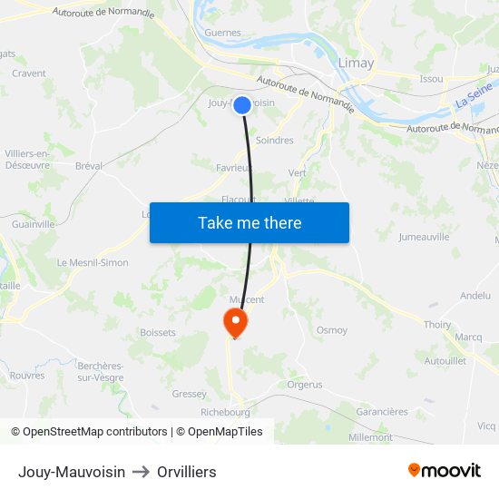 Jouy-Mauvoisin to Orvilliers map