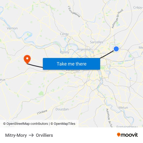 Mitry-Mory to Orvilliers map