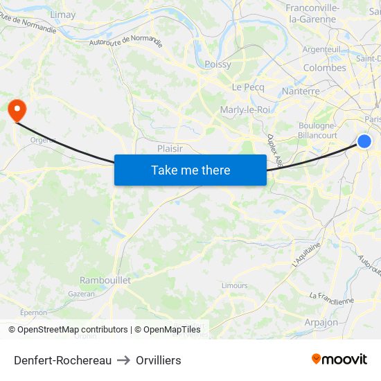 Denfert-Rochereau to Orvilliers map