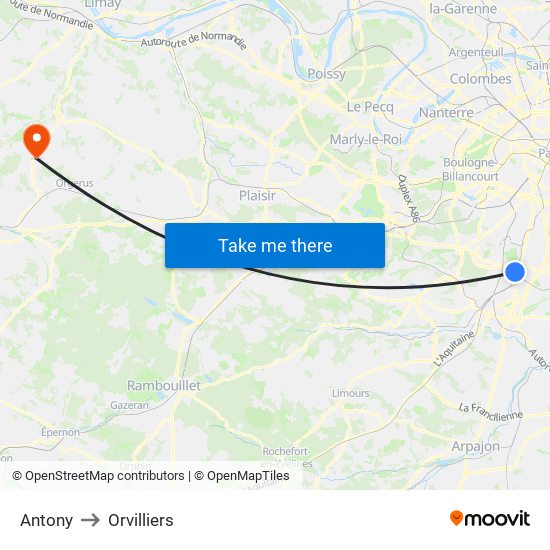 Antony to Orvilliers map