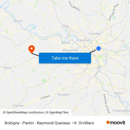 Bobigny - Pantin - Raymond Queneau to Orvilliers map