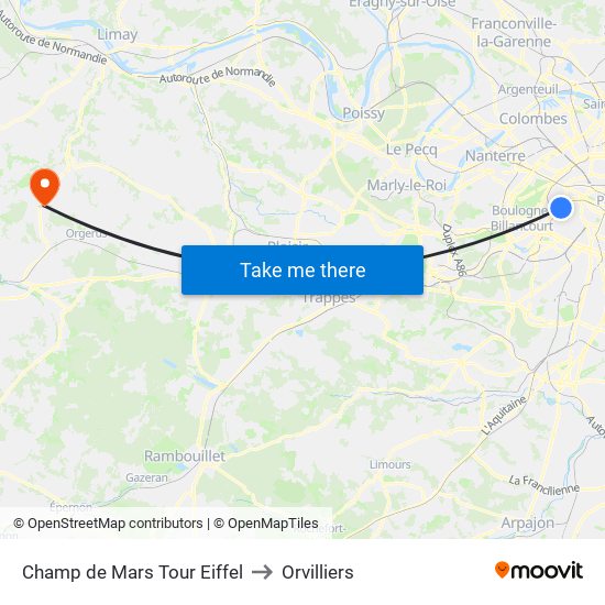 Champ de Mars Tour Eiffel to Orvilliers map