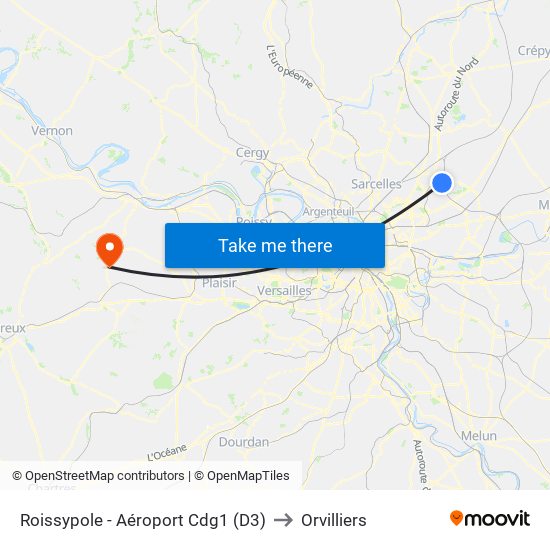 Roissypole - Aéroport Cdg1 (D3) to Orvilliers map