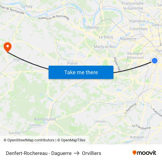 Denfert-Rochereau - Daguerre to Orvilliers map