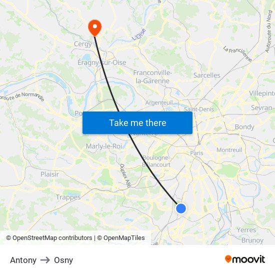 Antony to Osny map