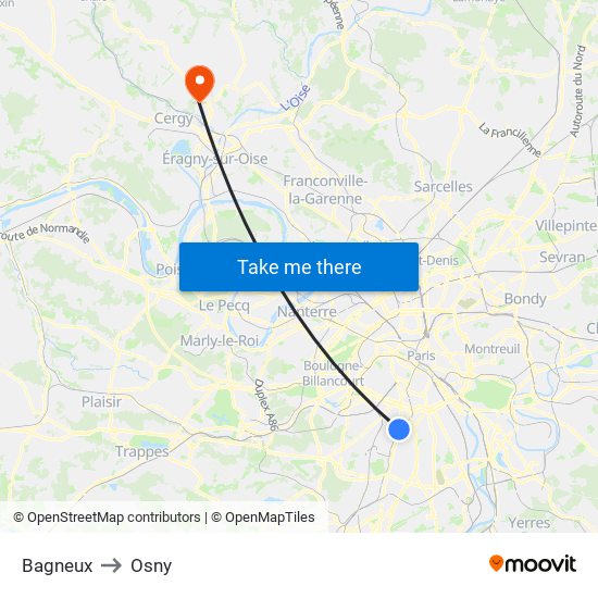Bagneux to Osny map