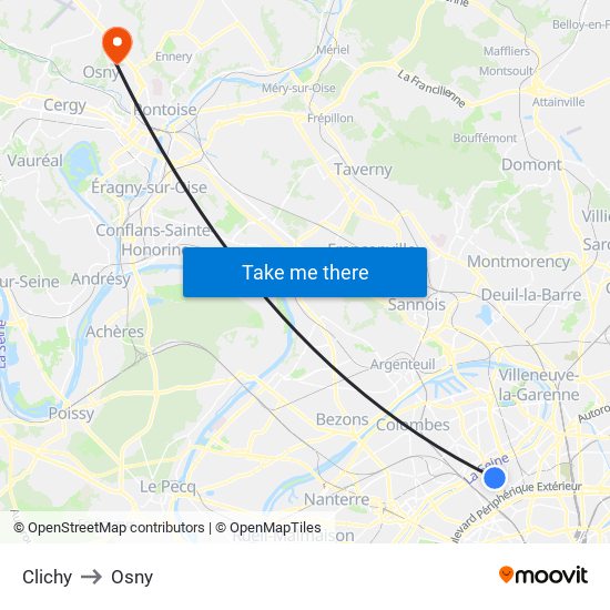 Clichy to Osny map