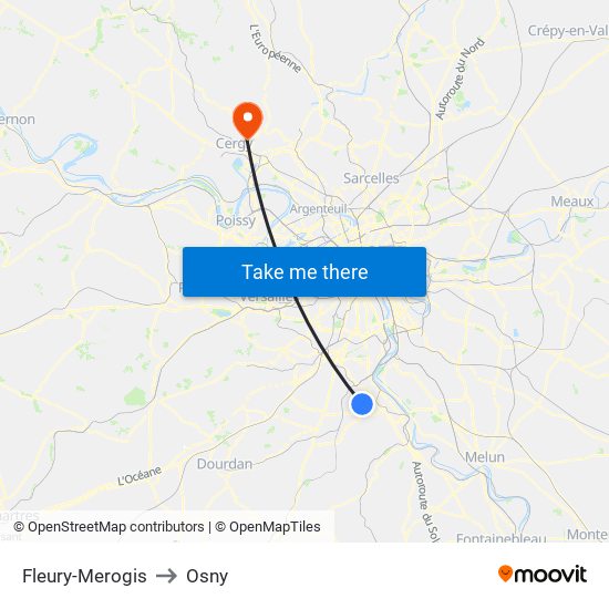 Fleury-Merogis to Osny map