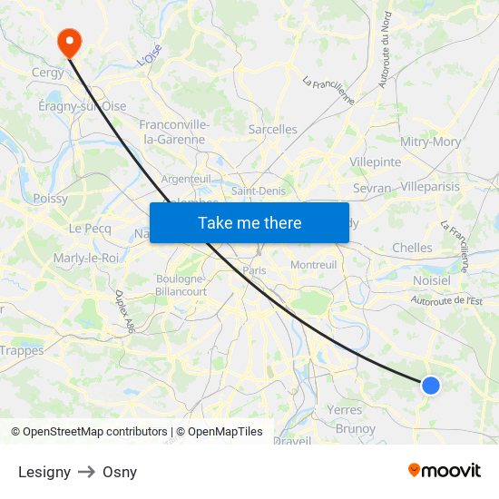 Lesigny to Osny map