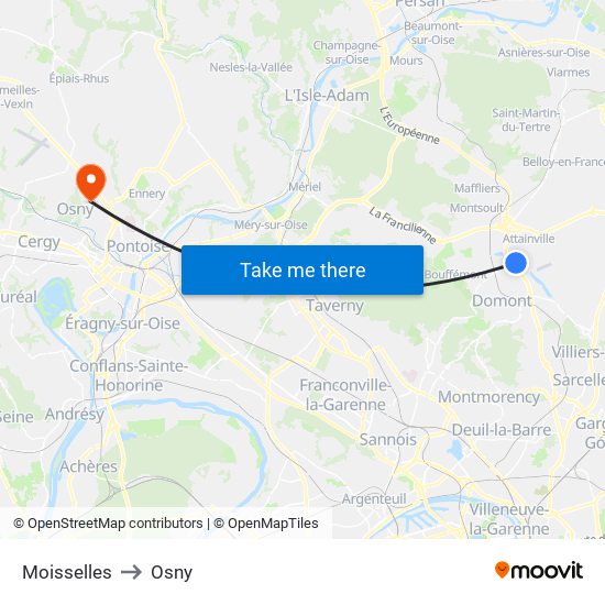 Moisselles to Osny map