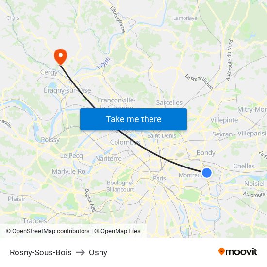 Rosny-Sous-Bois to Osny map