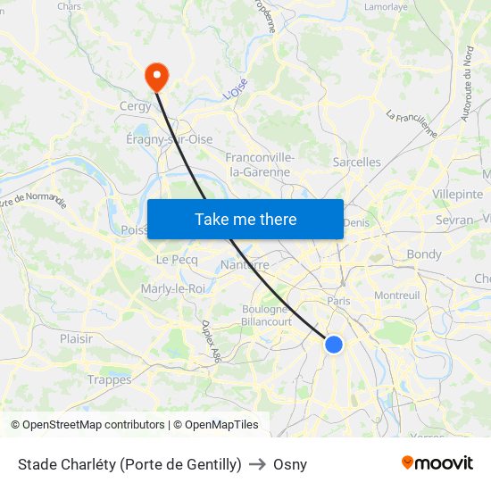 Stade Charléty (Porte de Gentilly) to Osny map