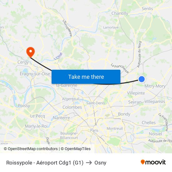Roissypole - Aéroport Cdg1 (G1) to Osny map