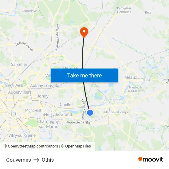 Gouvernes to Othis map
