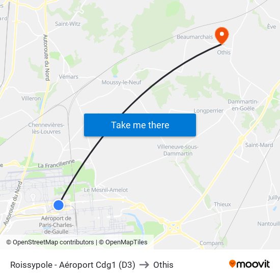 Roissypole - Aéroport Cdg1 (D3) to Othis map
