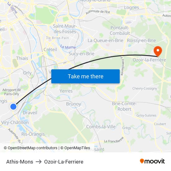 Athis-Mons to Ozoir-La-Ferriere map