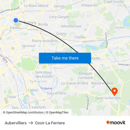 Aubervilliers to Ozoir-La-Ferriere map