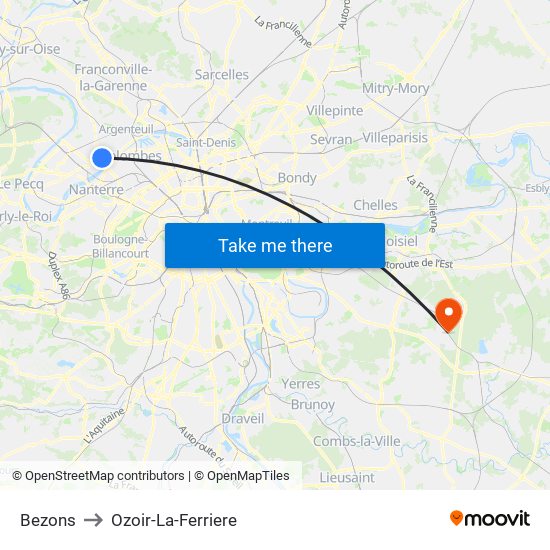 Bezons to Ozoir-La-Ferriere map