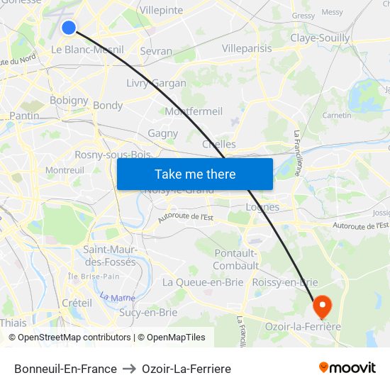 Bonneuil-En-France to Ozoir-La-Ferriere map