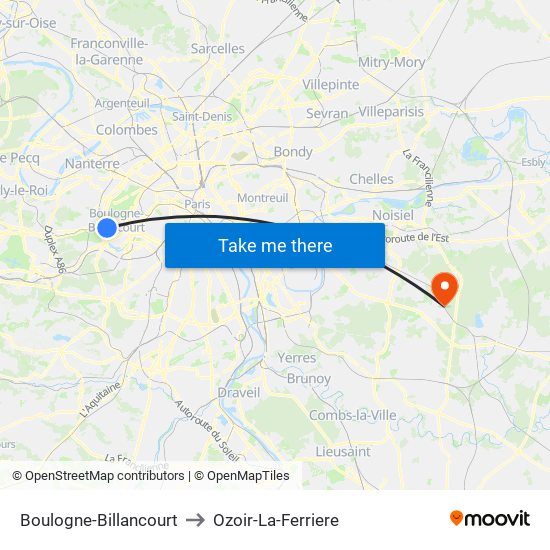 Boulogne-Billancourt to Ozoir-La-Ferriere map