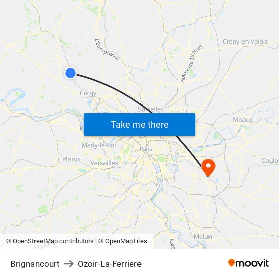 Brignancourt to Ozoir-La-Ferriere map