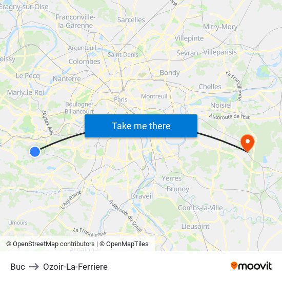 Buc to Ozoir-La-Ferriere map