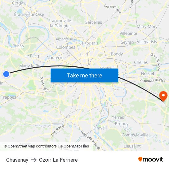 Chavenay to Ozoir-La-Ferriere map