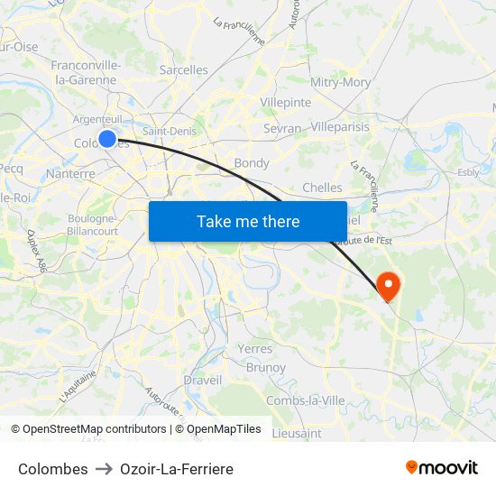 Colombes to Ozoir-La-Ferriere map