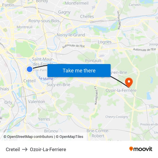 Creteil to Ozoir-La-Ferriere map