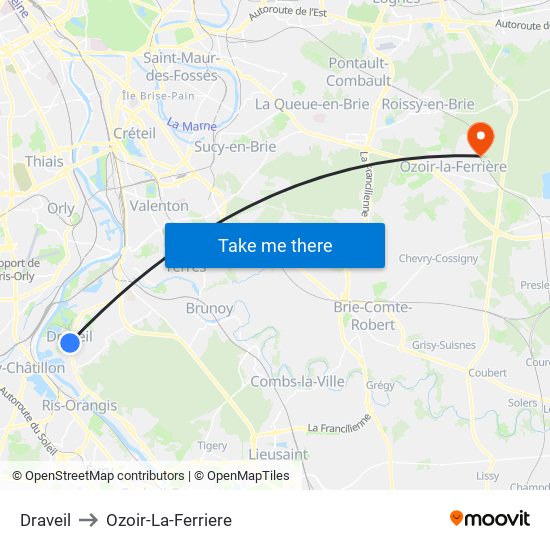 Draveil to Ozoir-La-Ferriere map