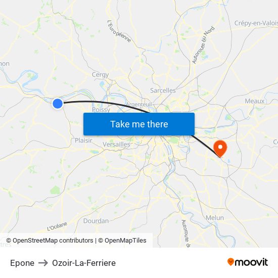 Epone to Ozoir-La-Ferriere map