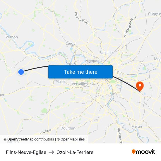 Flins-Neuve-Eglise to Ozoir-La-Ferriere map