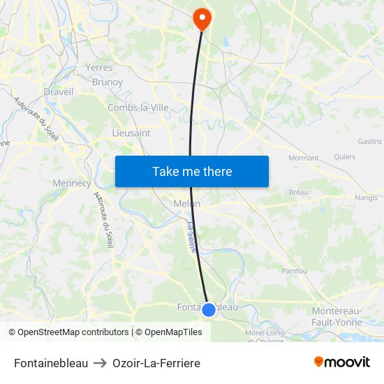 Fontainebleau to Ozoir-La-Ferriere map