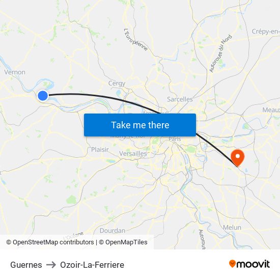 Guernes to Ozoir-La-Ferriere map