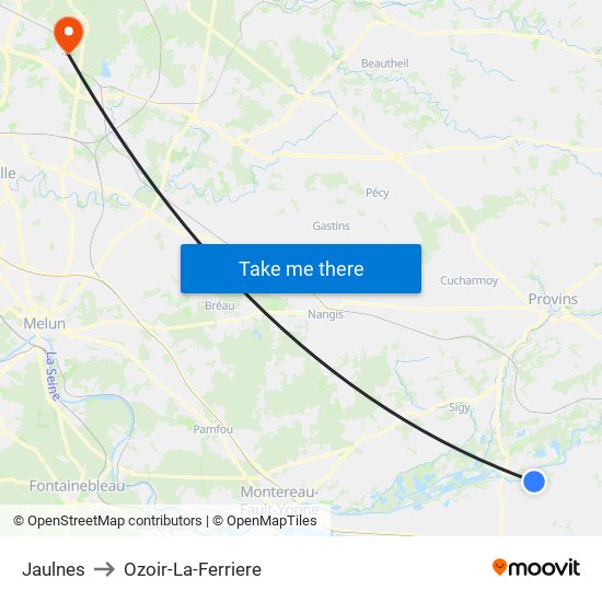 Jaulnes to Ozoir-La-Ferriere map