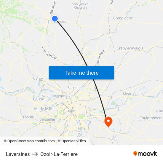 Laversines to Ozoir-La-Ferriere map