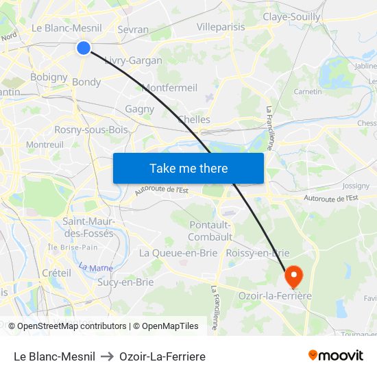 Le Blanc-Mesnil to Ozoir-La-Ferriere map