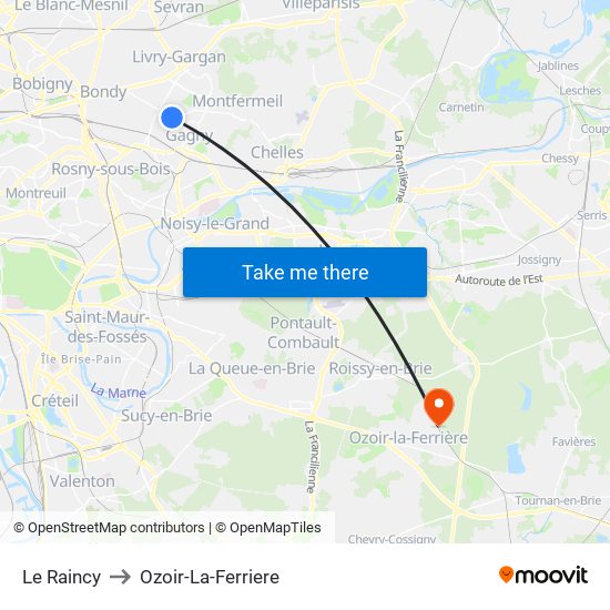 Le Raincy to Ozoir-La-Ferriere map