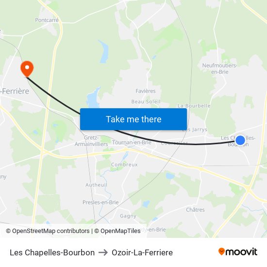 Les Chapelles-Bourbon to Ozoir-La-Ferriere map