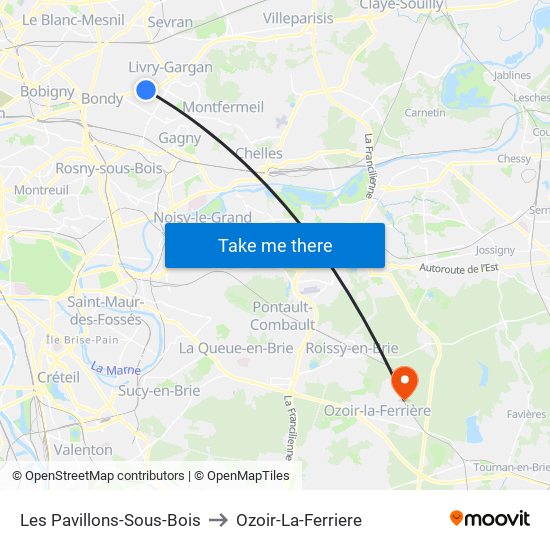 Les Pavillons-Sous-Bois to Ozoir-La-Ferriere map