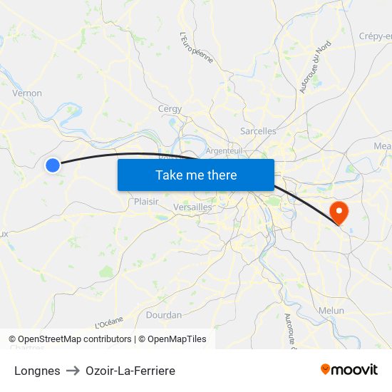 Longnes to Ozoir-La-Ferriere map