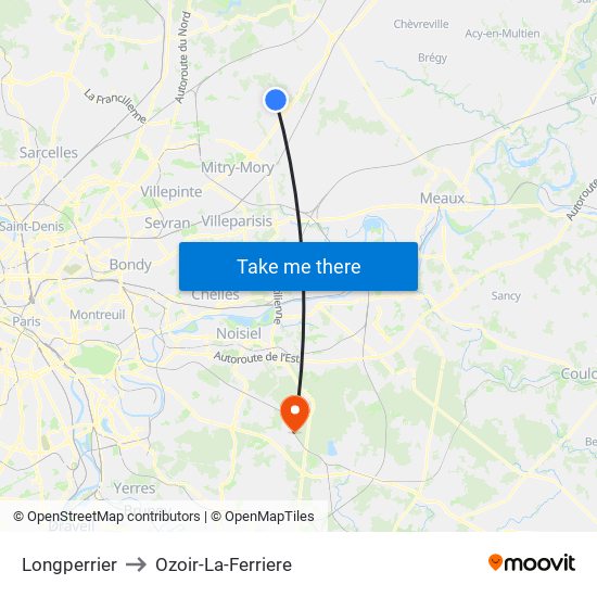 Longperrier to Ozoir-La-Ferriere map