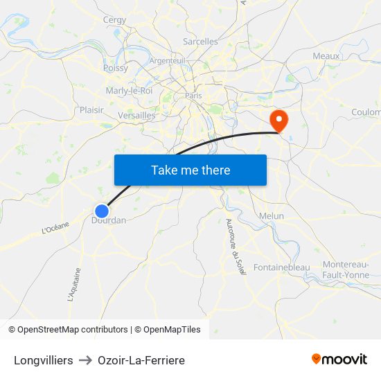 Longvilliers to Ozoir-La-Ferriere map