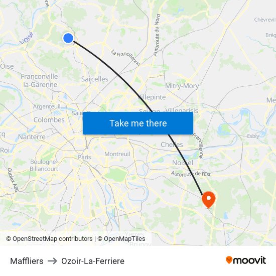 Maffliers to Ozoir-La-Ferriere map